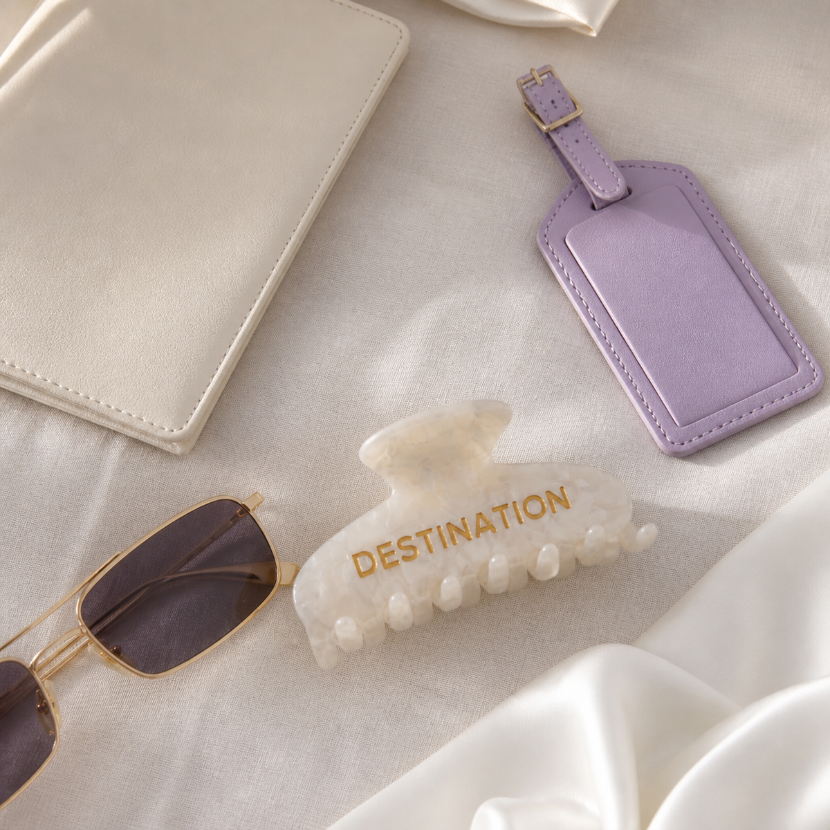 Destination Ivory Claw Clip - travel flat lay