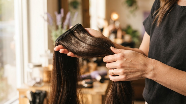 A stylist inspecting a bundle of brunette weft hair extensions in natural window light