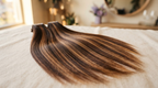 Warm brunette hair extension wefts with chocolate and caramel dimension on cream linen