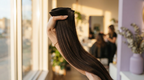 A stylist holding a bundle of smooth dark brown hair extensions in window light