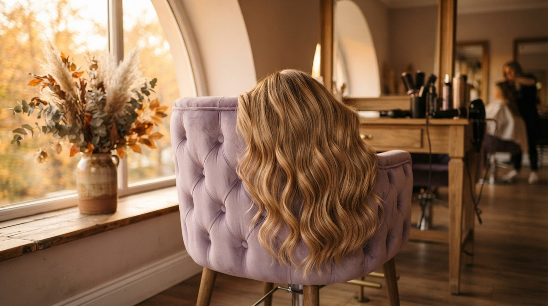 Long wavy hair extensions draped over a lilac salon chair beside an autumn window