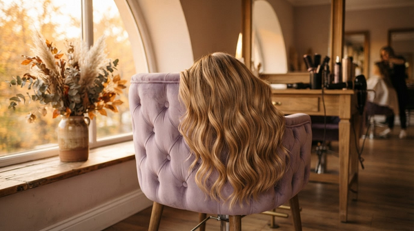 Long wavy hair extensions draped over a lilac salon chair beside an autumn window