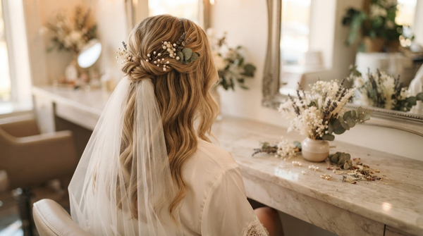 Bridal hair with soft waves, pearl pins and a veil at a salon vanity