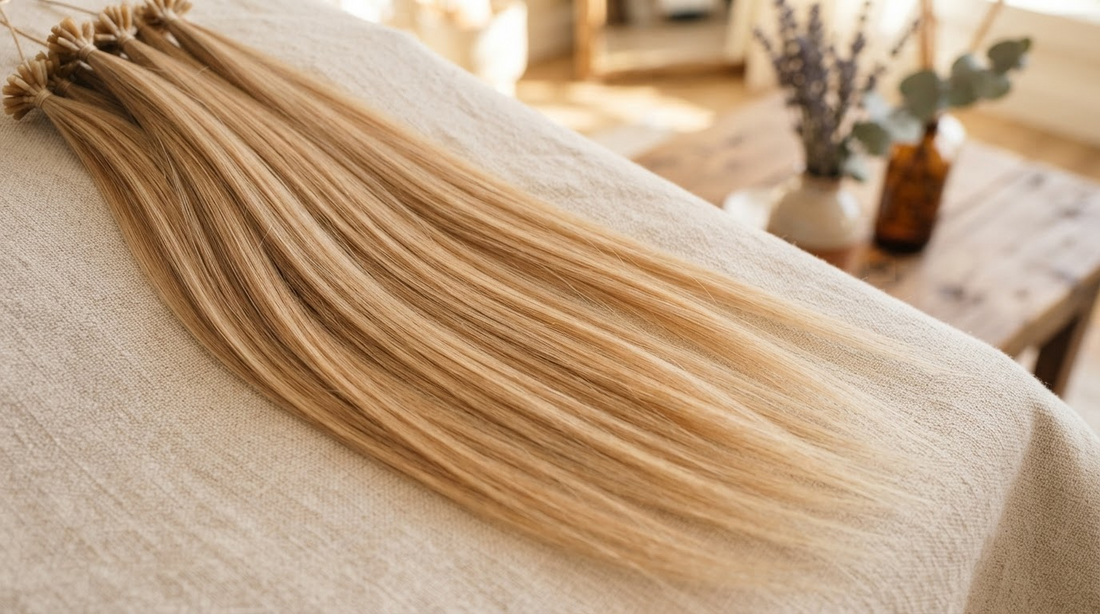Sun-kissed coastal blonde hair extension strands fanned across pale linen