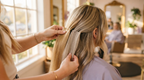 A stylist holding a blonde weft against a client's hair to color match the shade