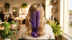 Long blonde hair parted to reveal a hidden ribbon of vivid violet colored strands underneath, shot from behind in soft window light
