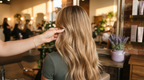 A hand holding a face-framing section of long layered hair beside a salon mirror, back of head only, soft daylight