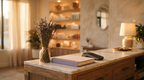 A boutique salon reception desk at golden hour with an appointment book, card reader and dried lavender, no people