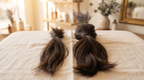Two side-by-side ponytail sections on cream linen, one noticeably thicker than the other, showing density difference