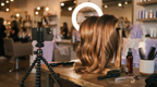 Long glossy hair extensions catching ring-light on a creator's desk with a phone on a tripod, no faces, warm tones