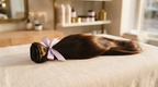 A luxurious thick bundle of glossy European-texture hair extensions tied with lilac ribbon on cream linen, premium still life