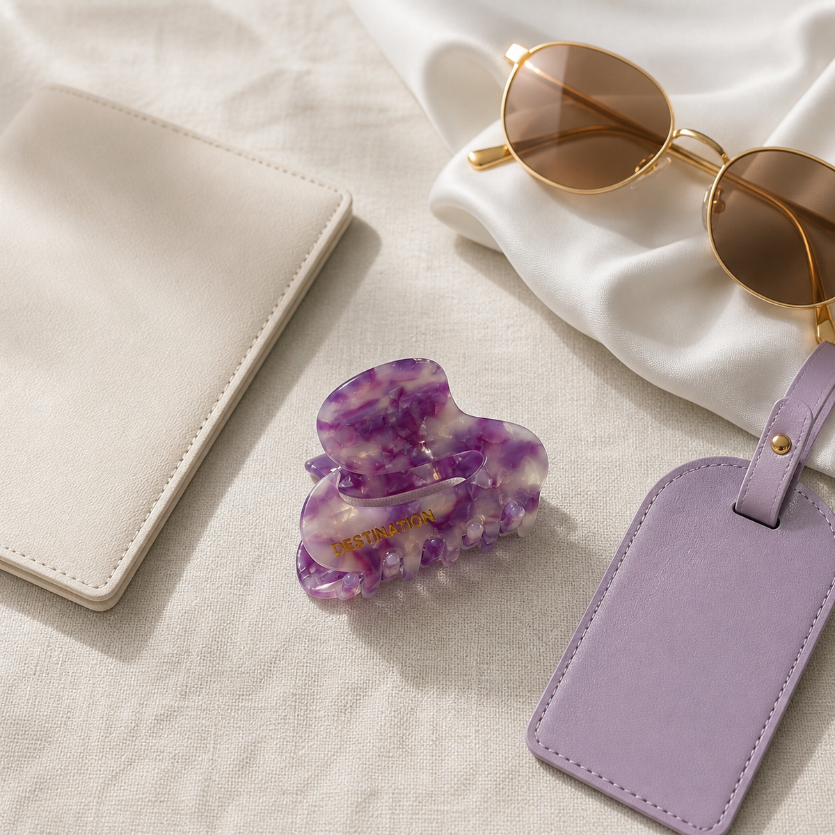 Destination Purple Oval Claw Clip - travel flat lay