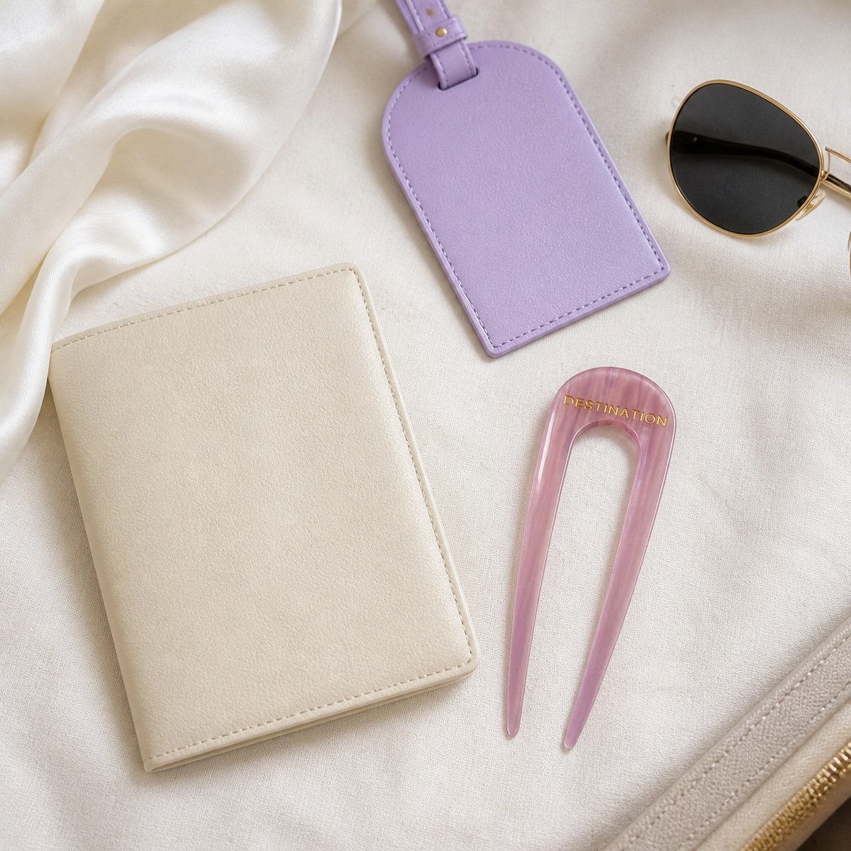 Destination Lavender French Hair Pin - travel flat lay