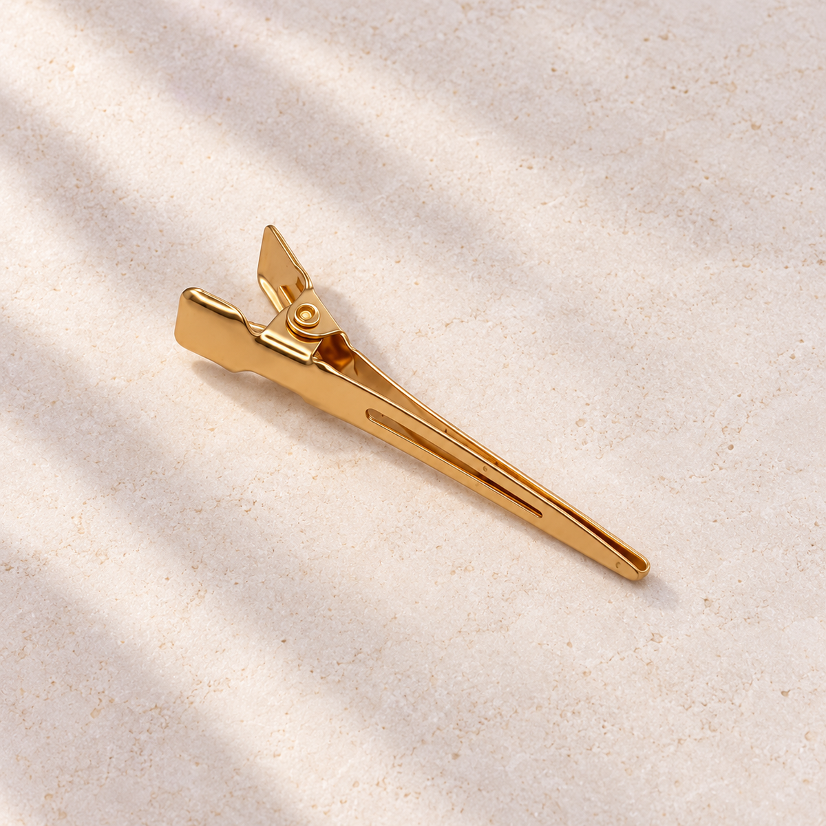 Destination Small Metal Hair Clips (20-Pack) - gold, cream flatlay, individual clip shown